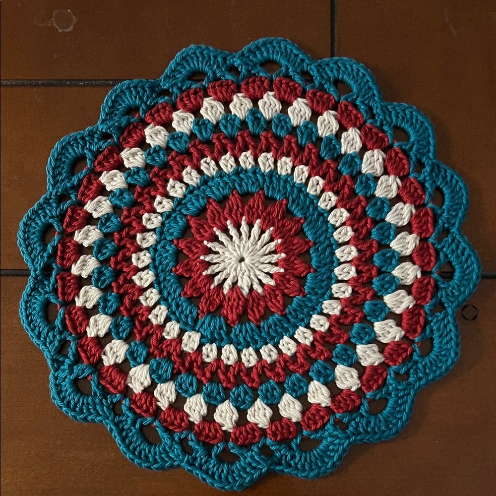 Handcrafted Crochet Table Doily - Red, Teal, and White